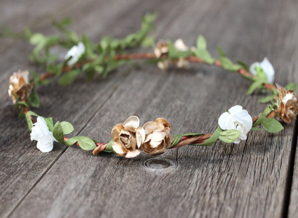 Rustic Wedding Flower Headpiece Ivory and Gold Floral Hair Wreath with Greenery